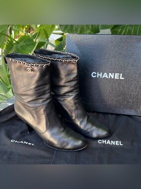 Chanel cc logo chain heeled ankle booties leather boots lower-calf